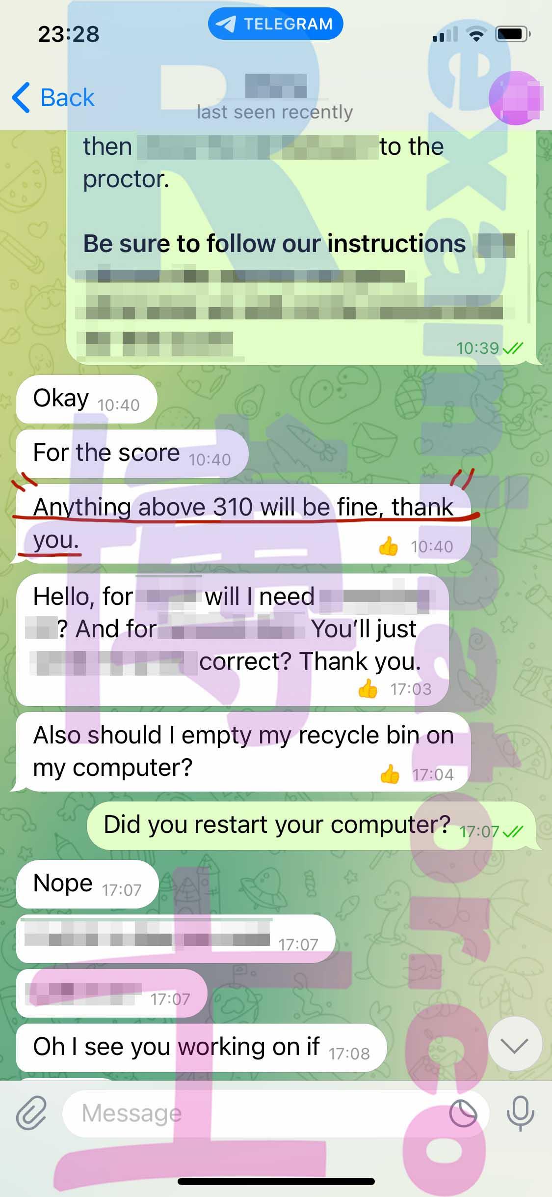 screenshot of chat logs for GRE Cheating success story #382