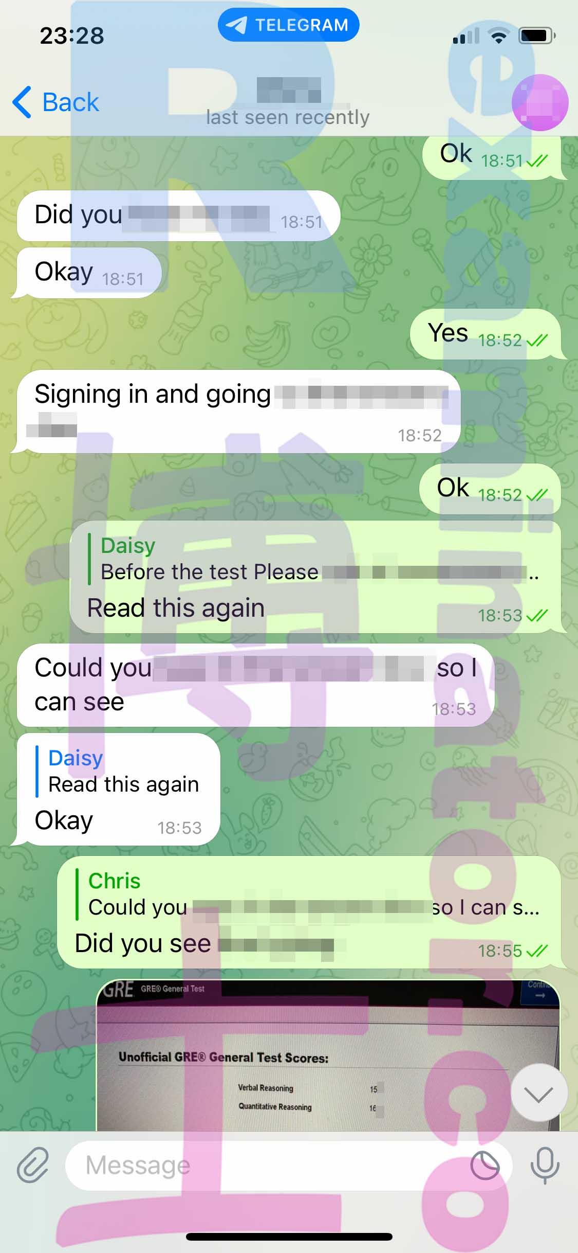 screenshot of chat logs for GRE Cheating success story #382