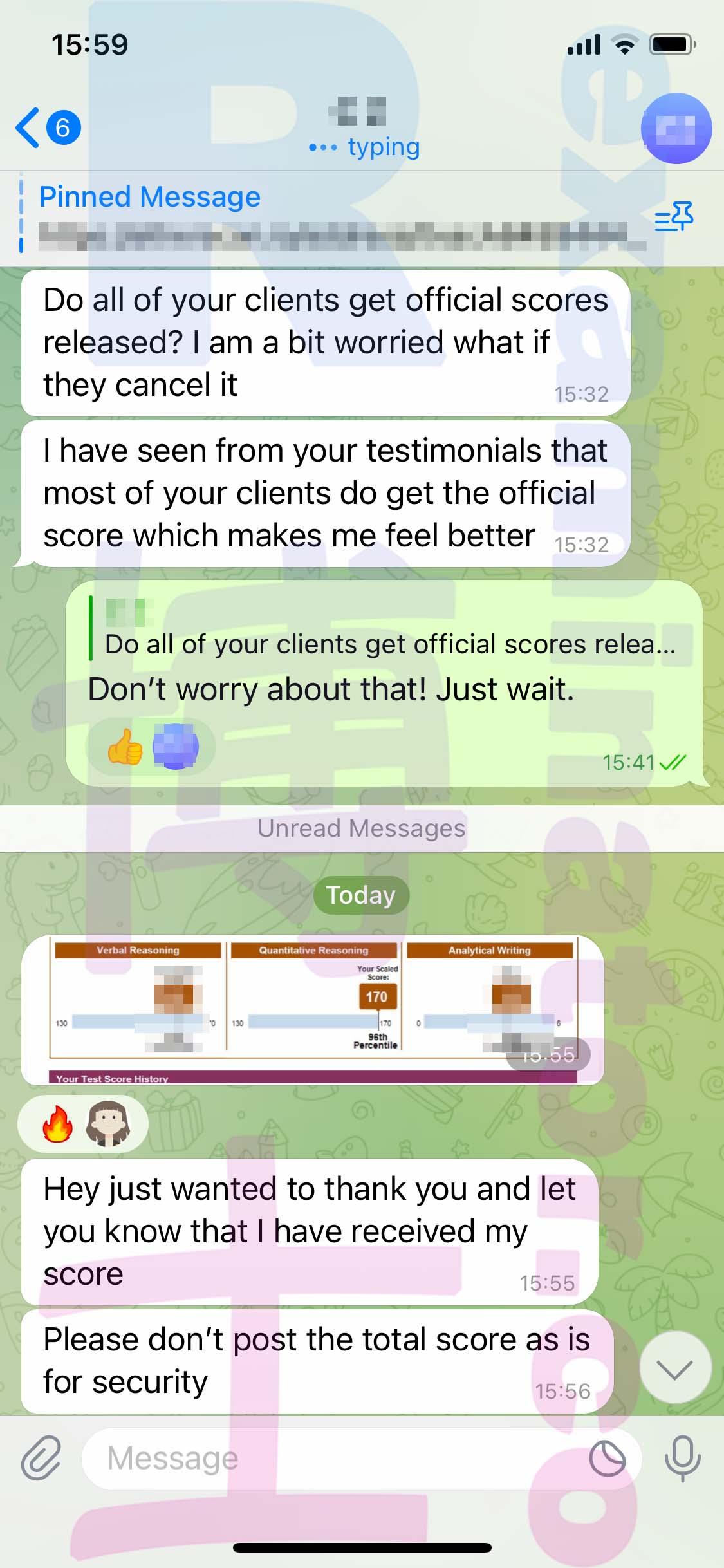 screenshot of chat logs for GRE Cheating success story #508