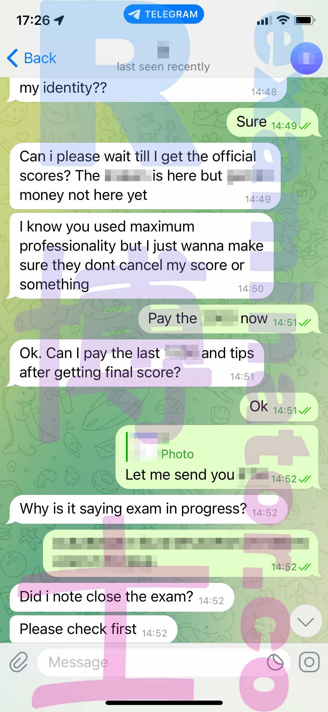 screenshot of chat logs for GMAT Cheating success story #397