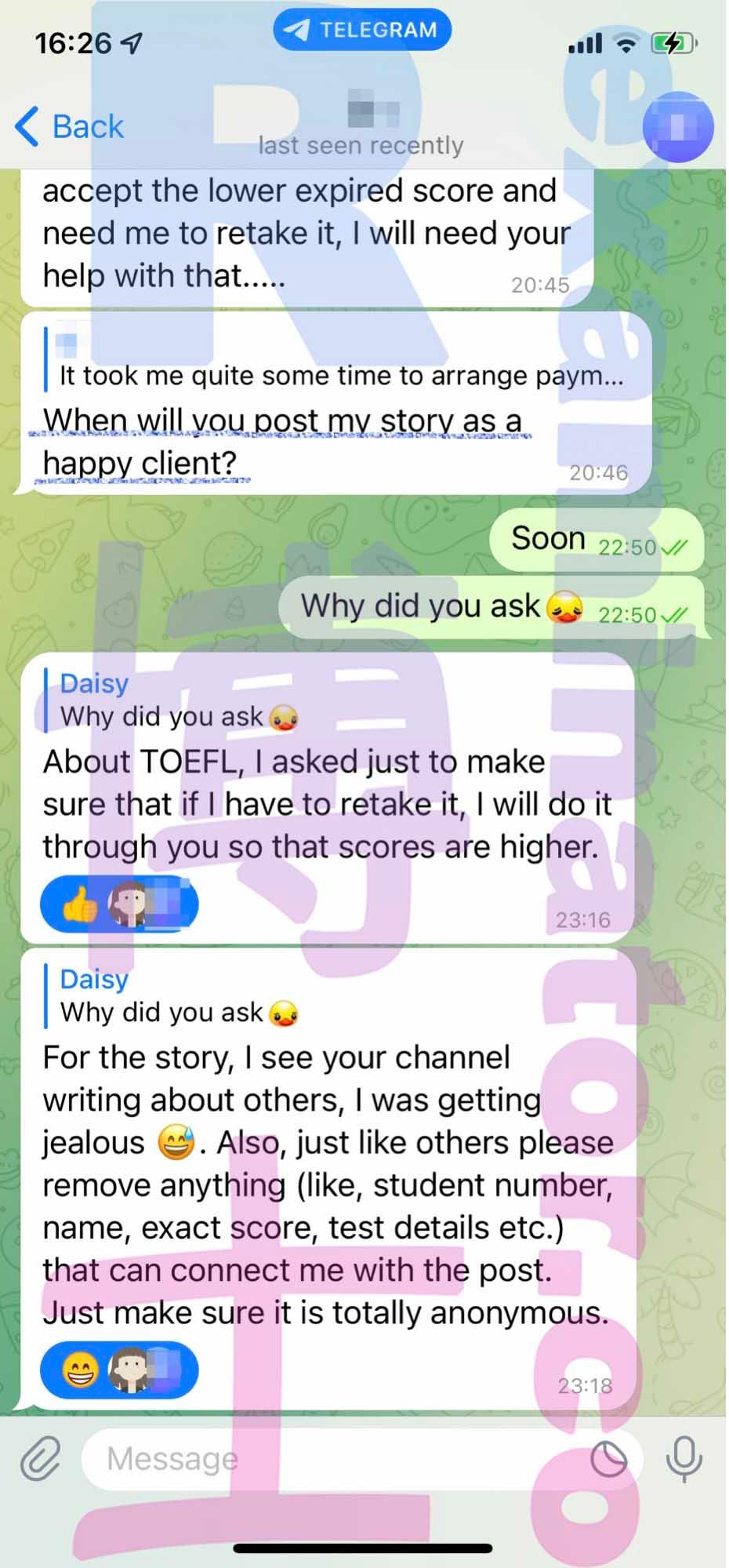 screenshot of chat logs for GMAT Cheating success story #400