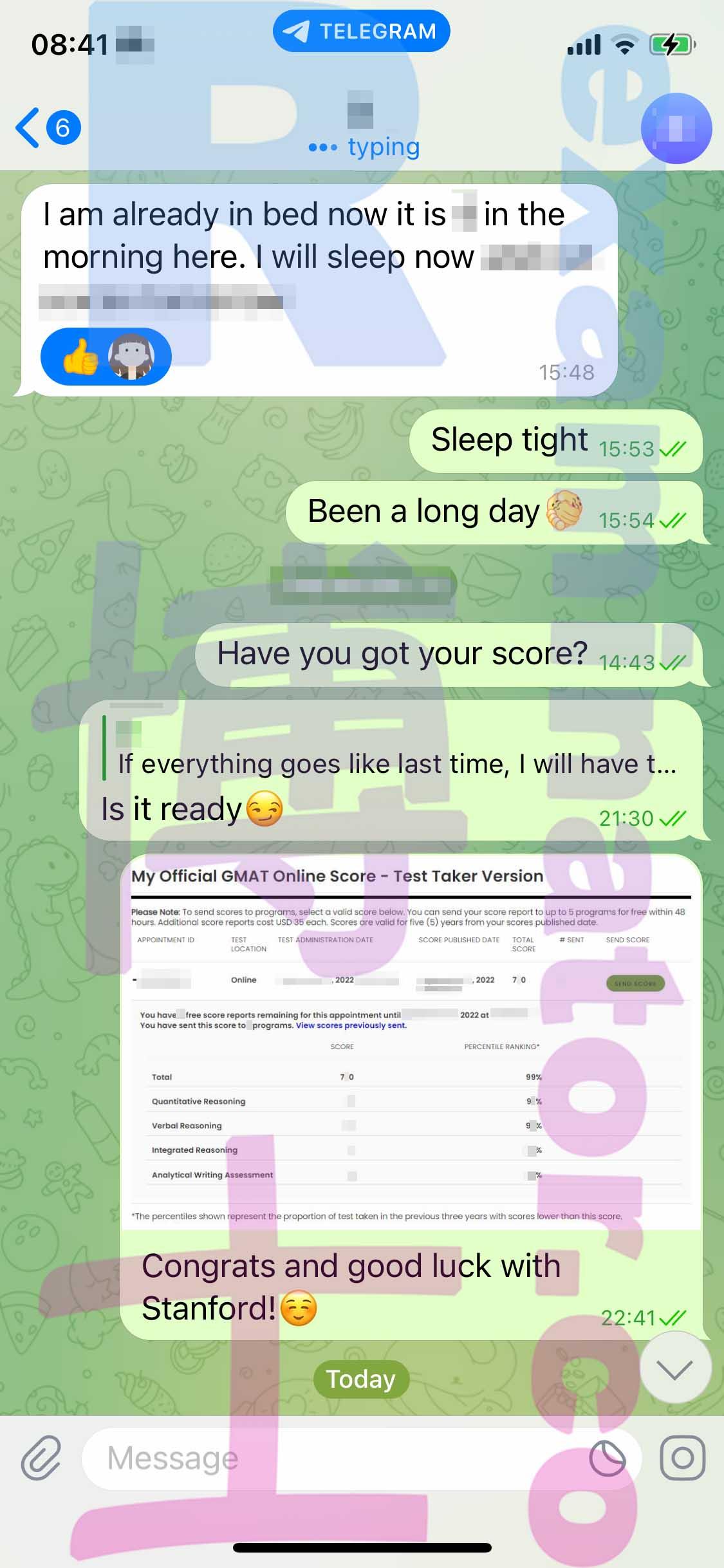 screenshot of chat logs for GMAT Cheating success story #400