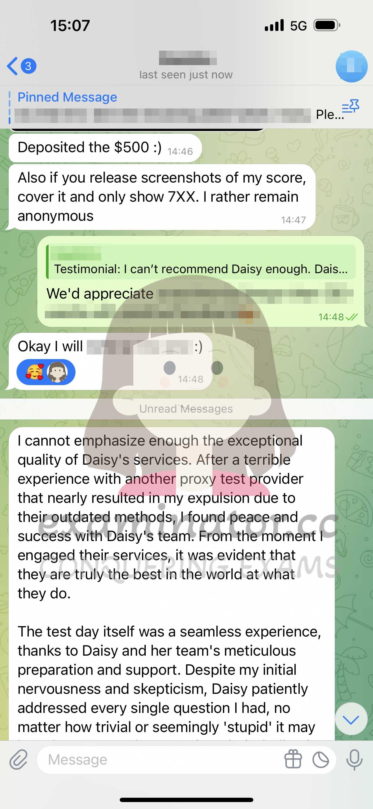 screenshot of chat logs for GMAT Cheating success story #627