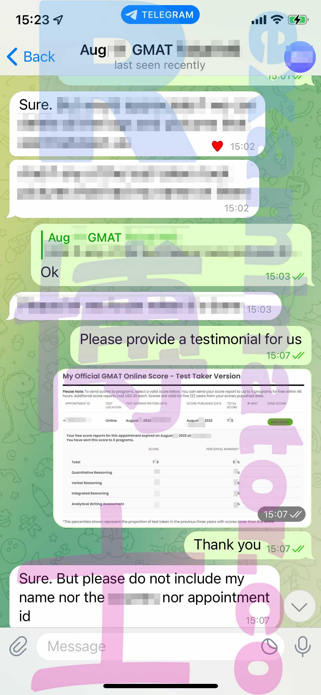screenshot of chat logs for GMAT Cheating success story #365