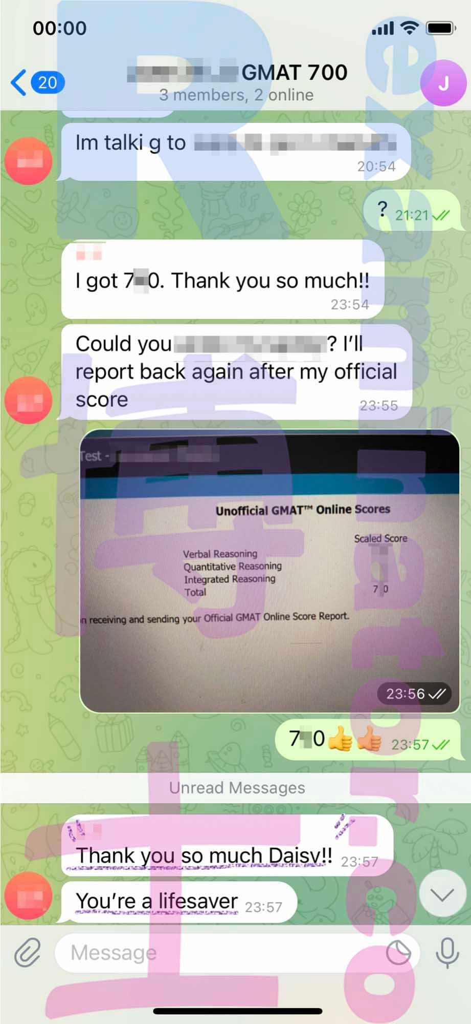 screenshot of chat logs for GMAT Cheating success story #340