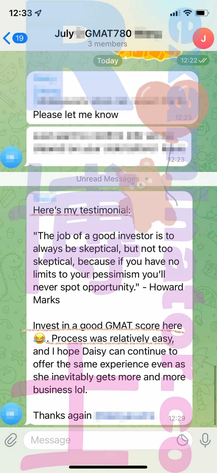 screenshot of chat logs for GMAT Cheating success story #348