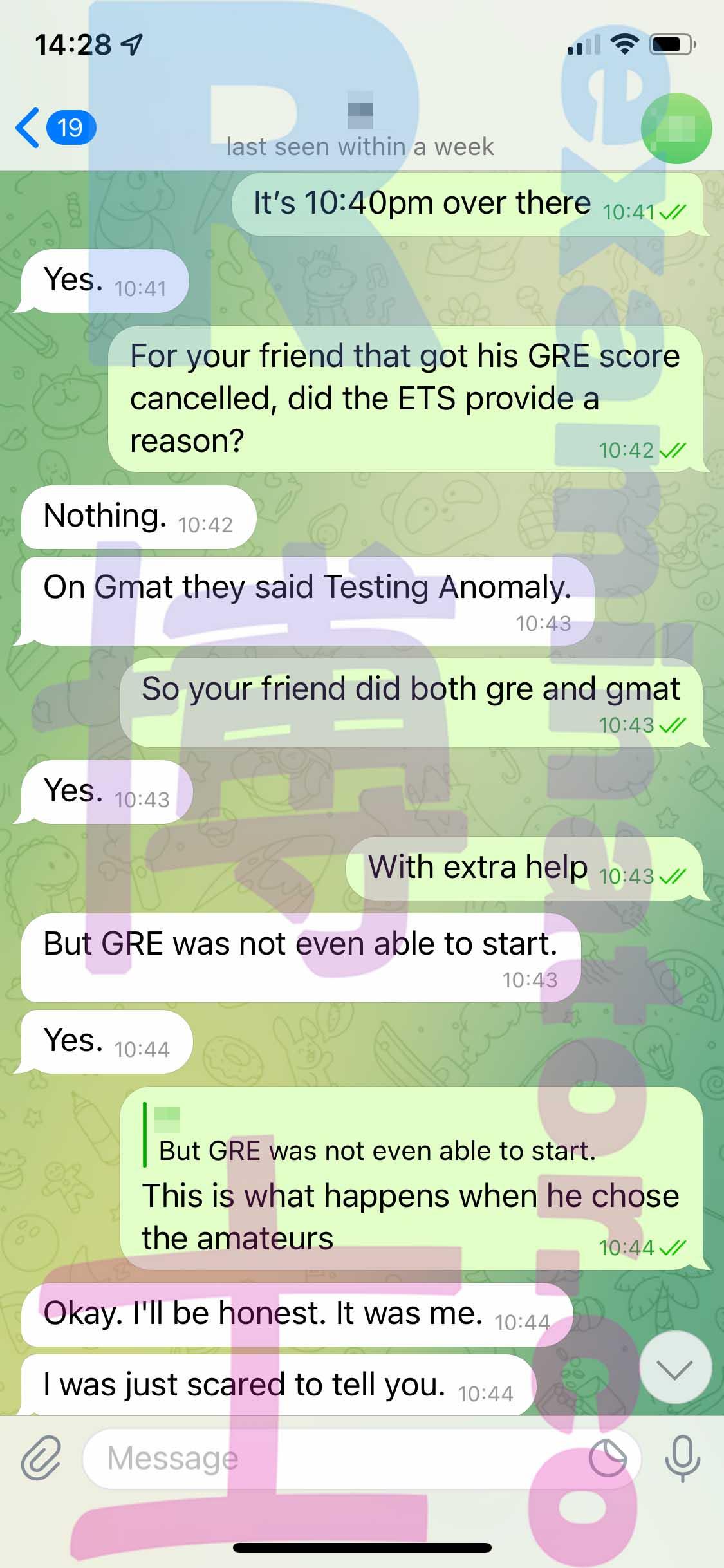 screenshot of chat logs for [GRE Cheating] success story #208