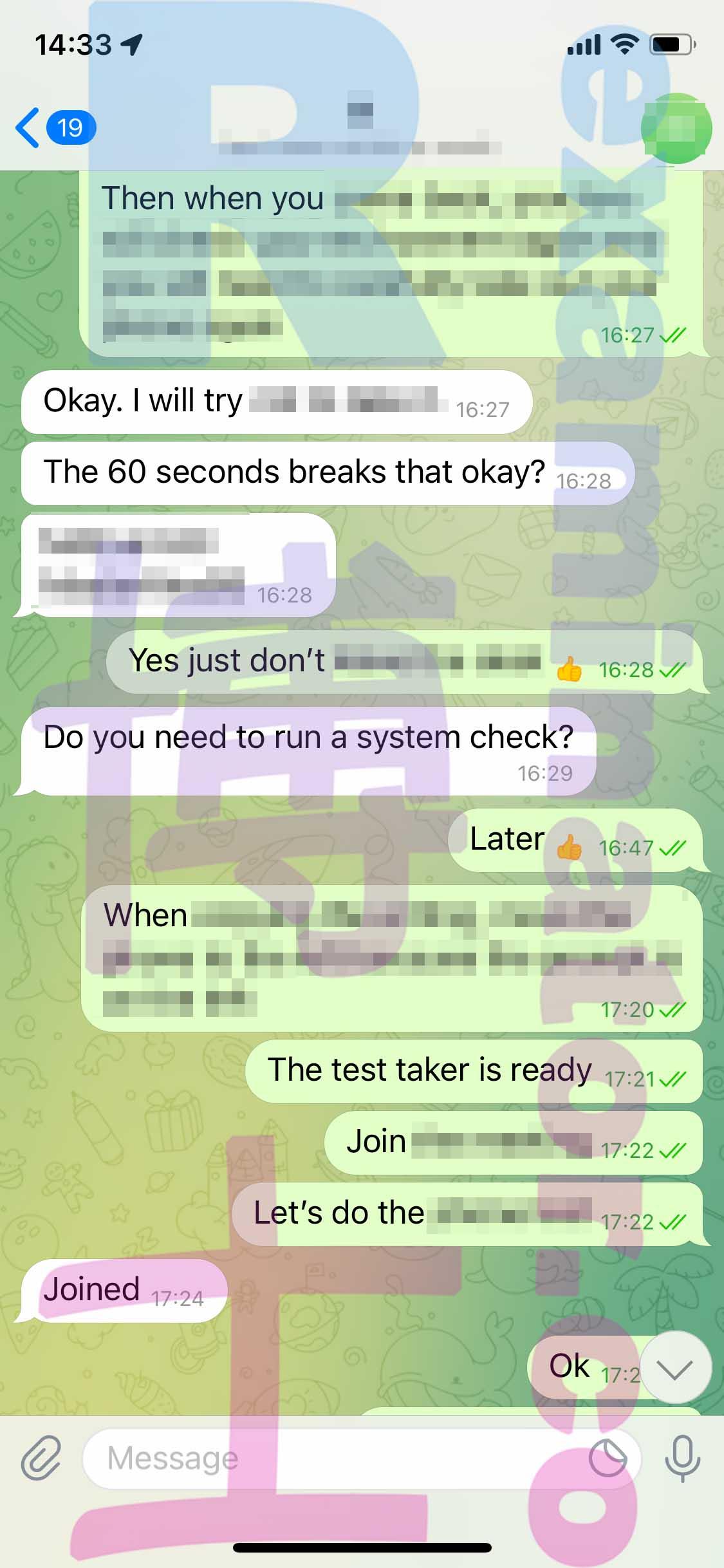 screenshot of chat logs for GRE Cheating success story #344