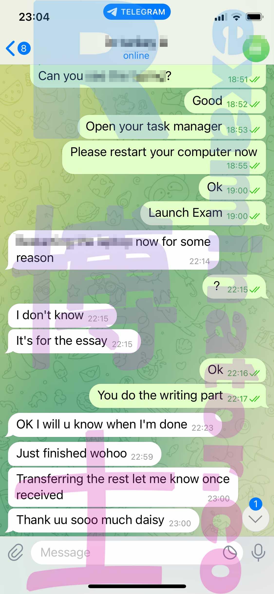 screenshot of chat logs for GMAT Cheating success story #429