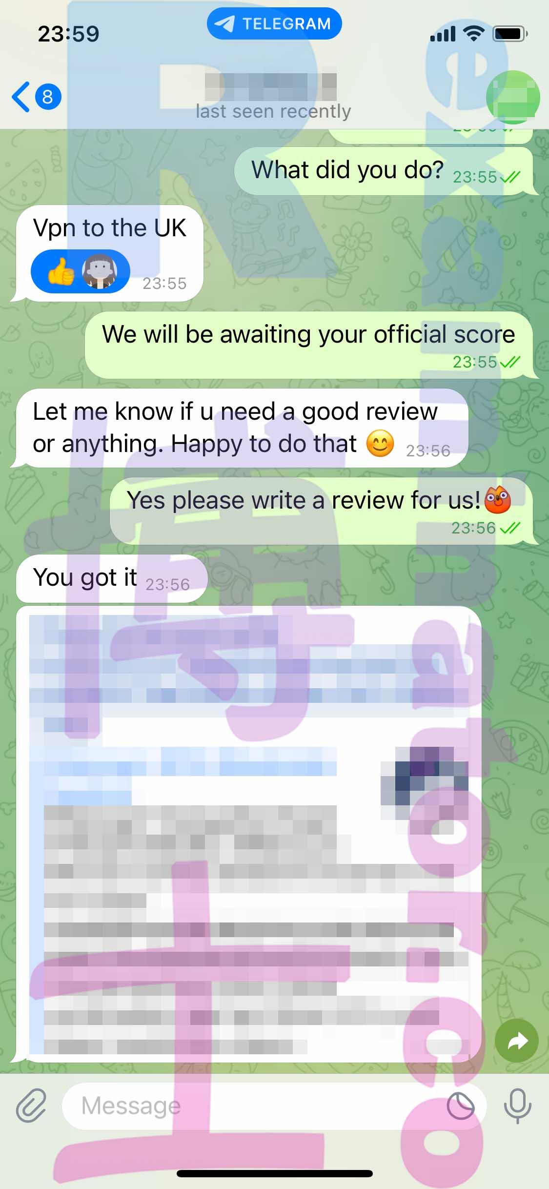 screenshot of chat logs for GMAT Cheating success story #429