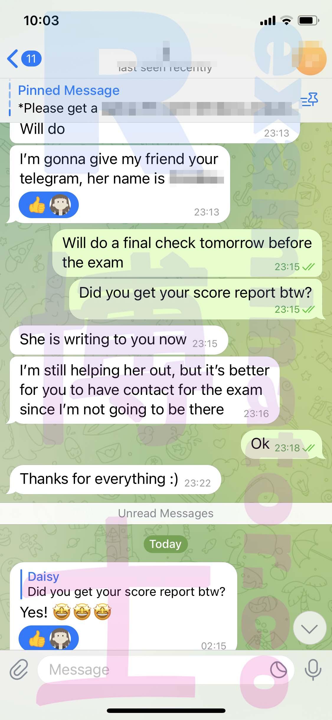 screenshot of chat logs for GMAT Cheating success story #461