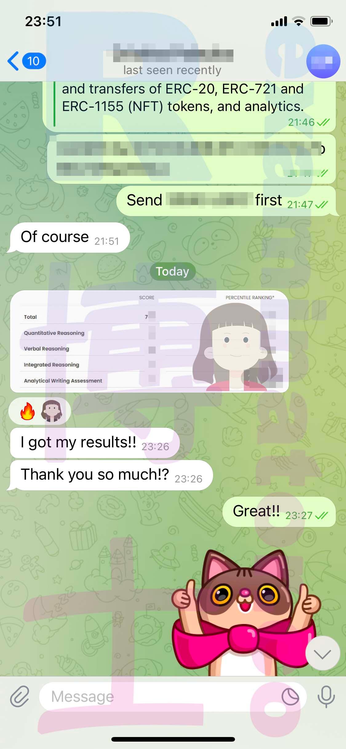 screenshot of chat logs for GMAT Cheating success story #476