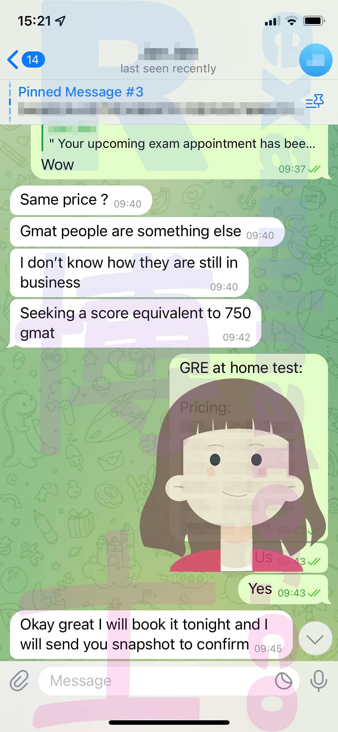 screenshot of chat logs for [GRE Cheating] success story #317