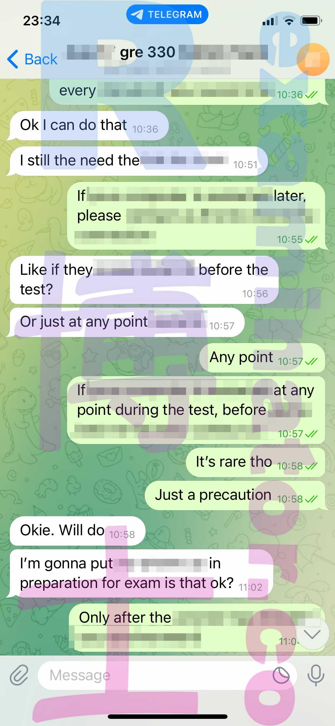 screenshot of chat logs for GRE Cheating success story #372