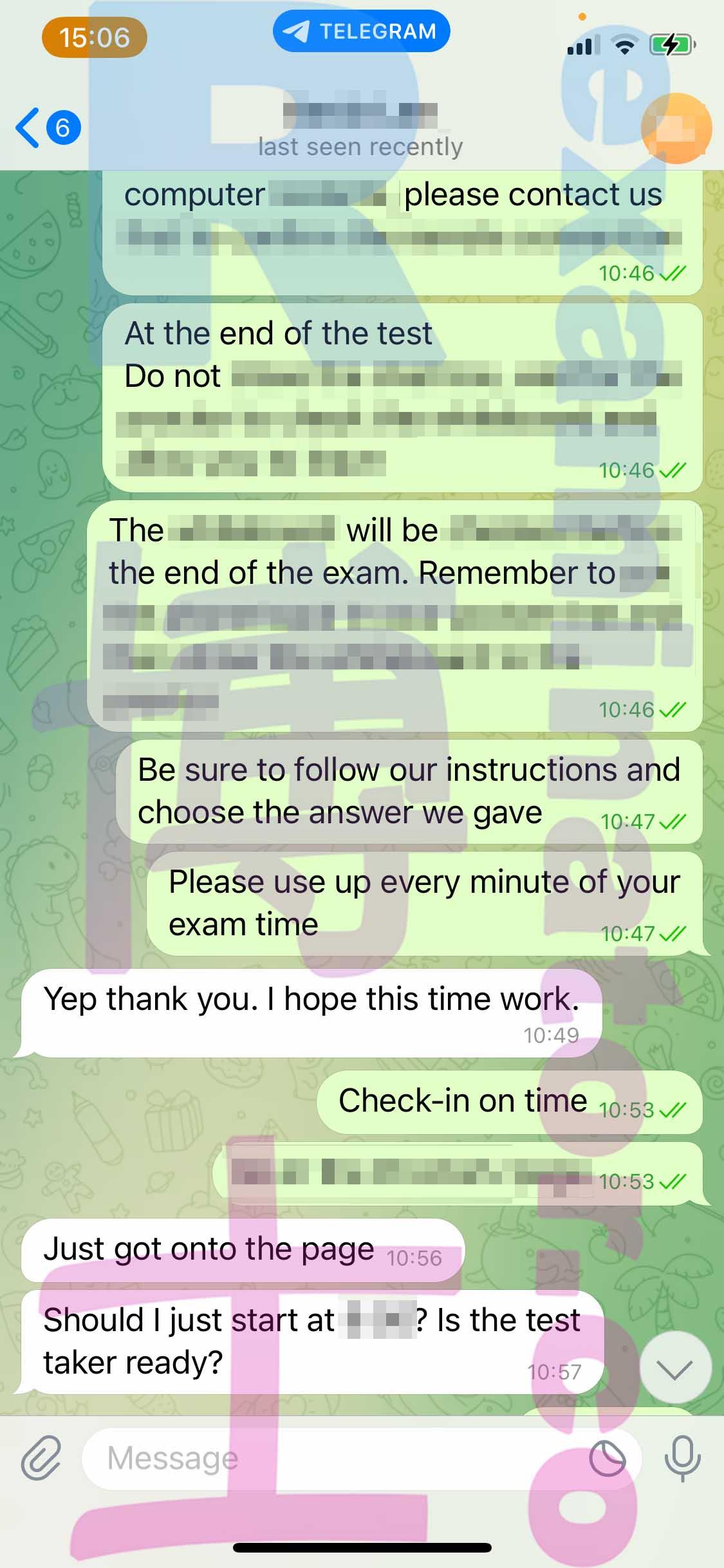 screenshot of chat logs for GRE Cheating success story #413