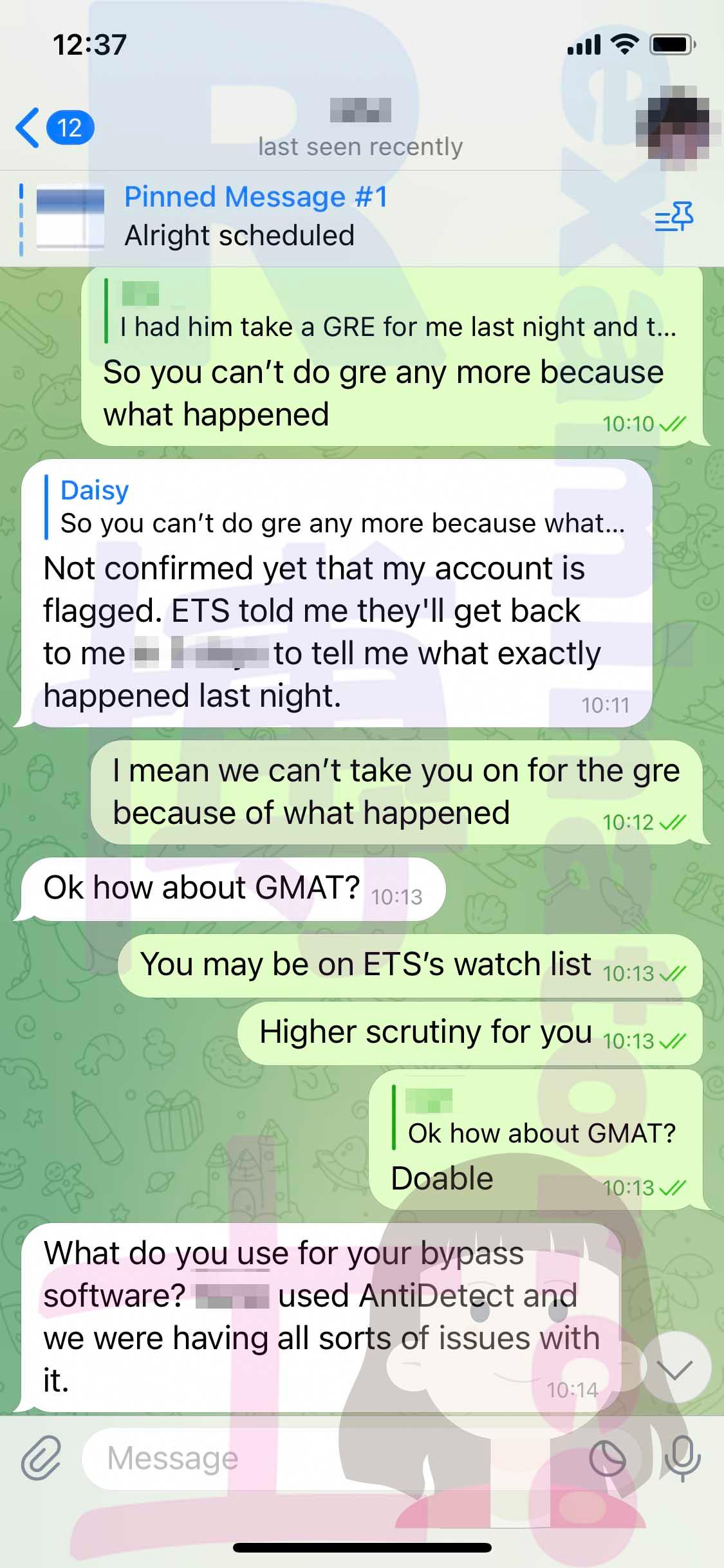 screenshot of chat logs for [GMAT Cheating] success story #315