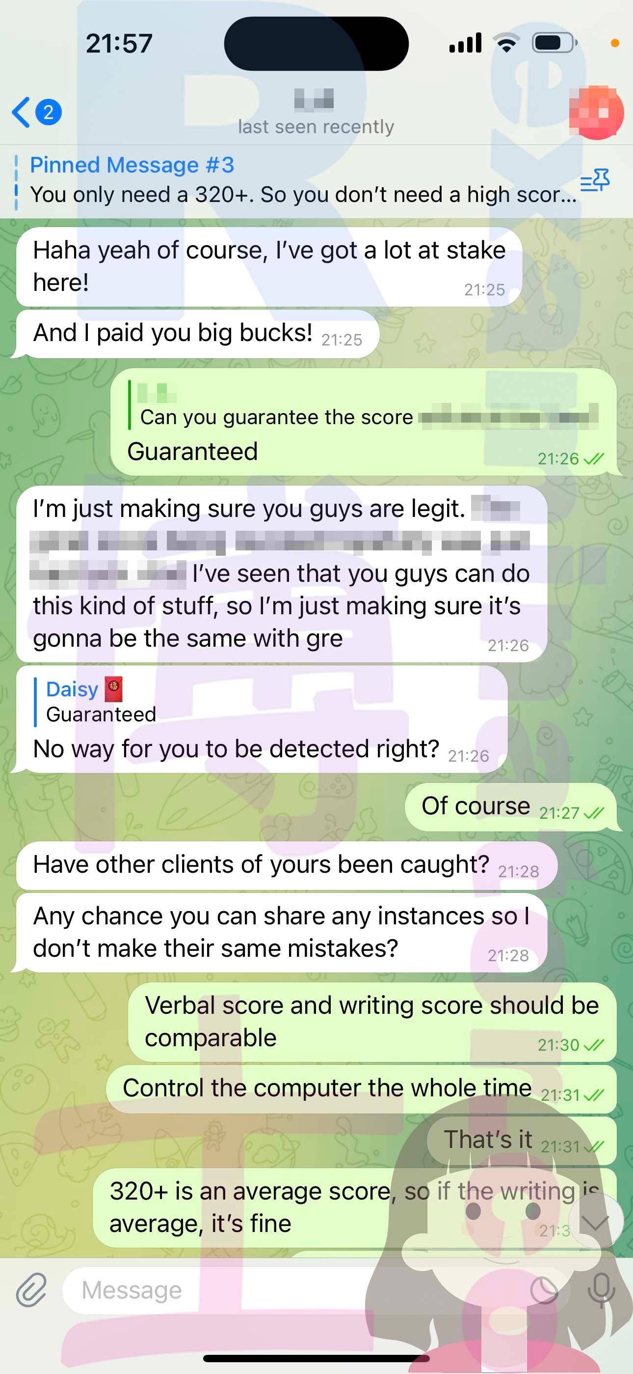 screenshot of chat logs for [GRE Cheating] success story #339