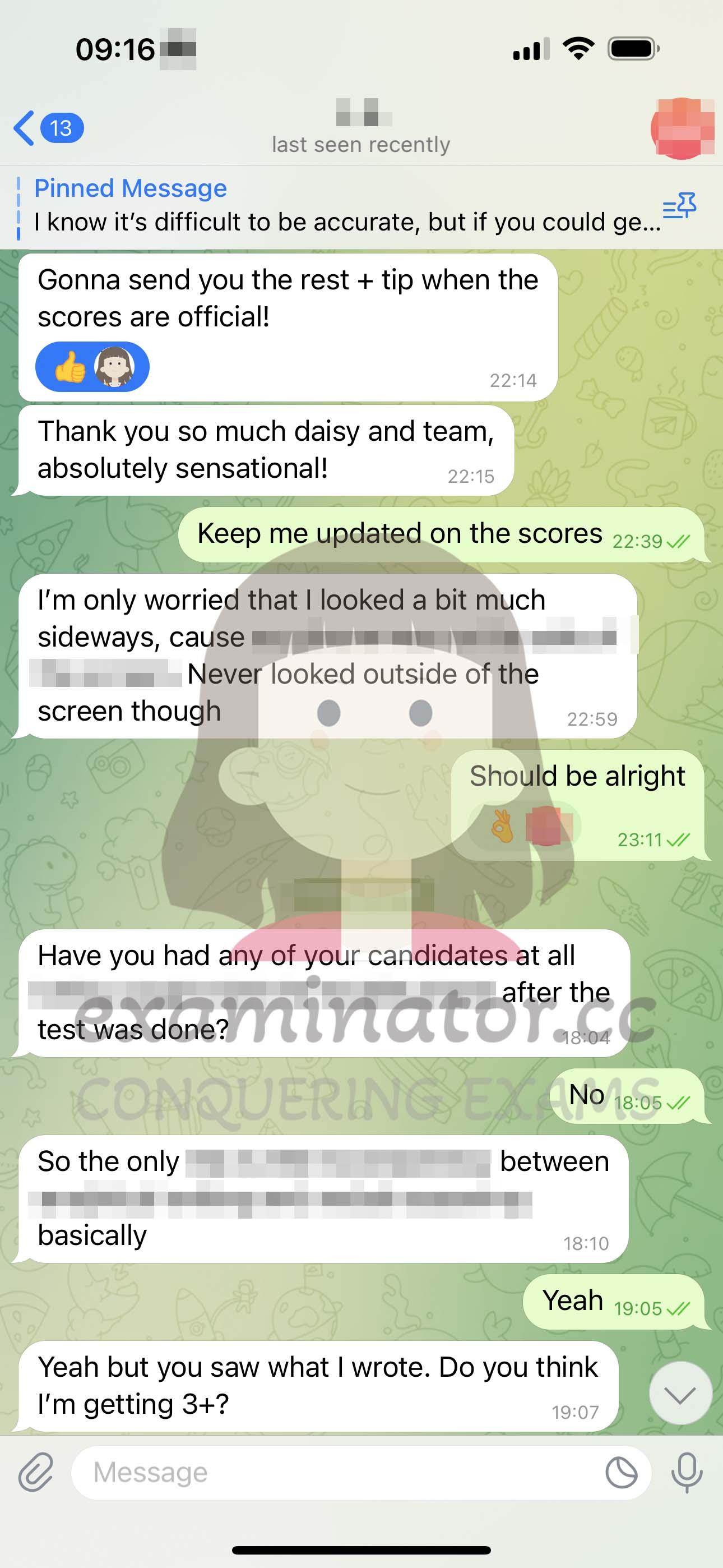 screenshot of chat logs for GRE Cheating success story #555