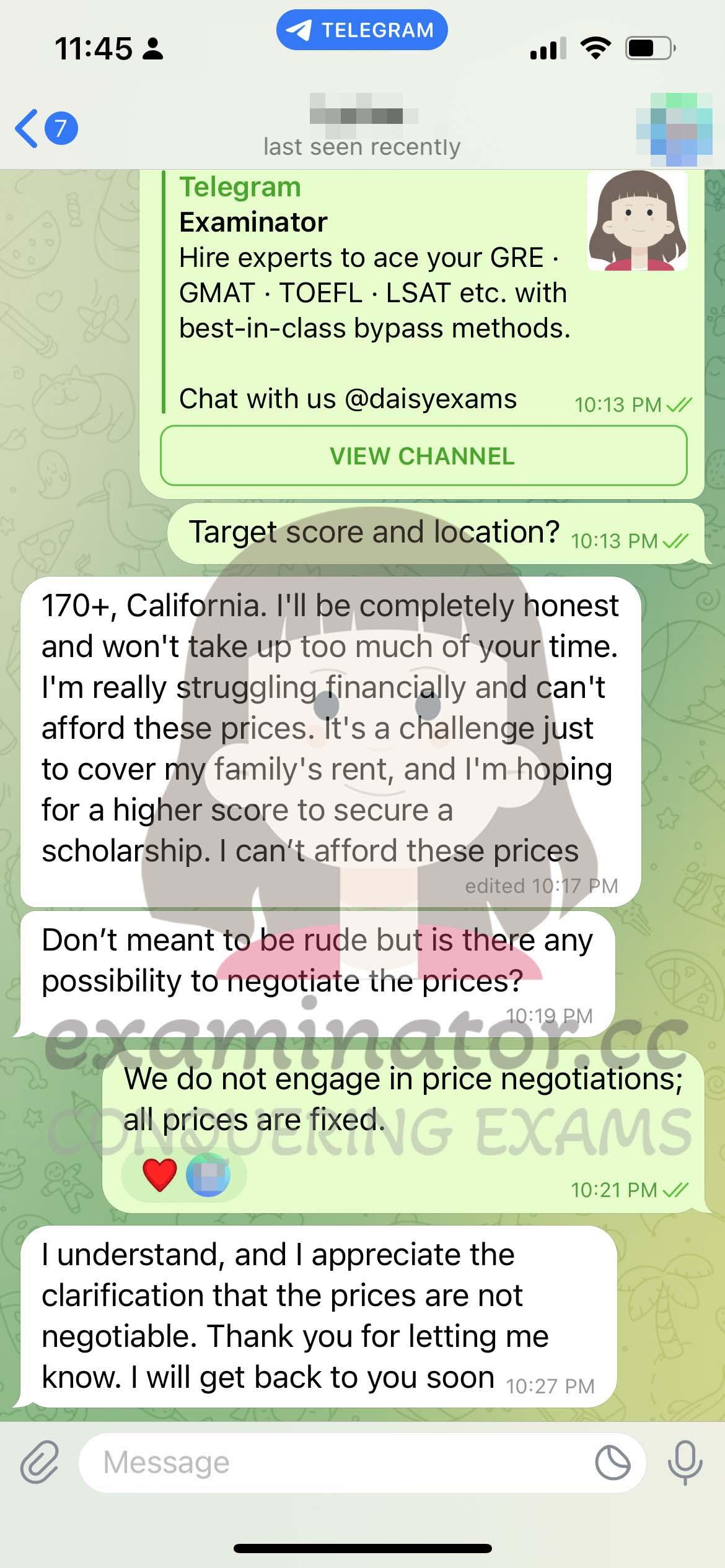 screenshot of chat logs for LSAT Cheating success story #580