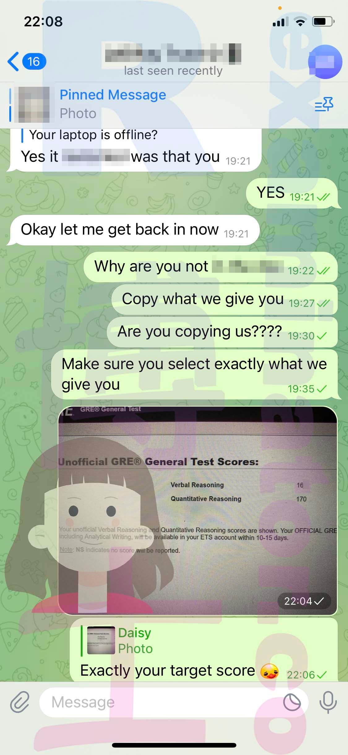 screenshot of chat logs for GRE Cheating success story #523