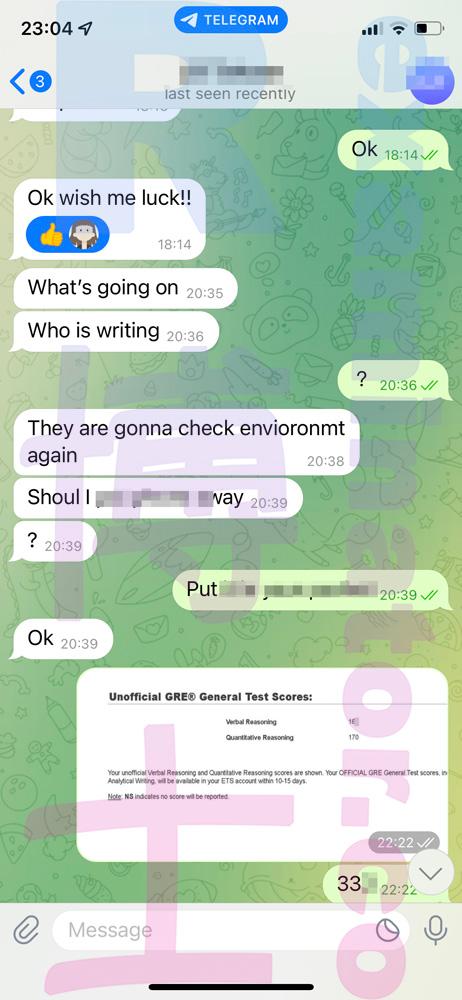 screenshot of chat logs for GRE Cheating success story #455