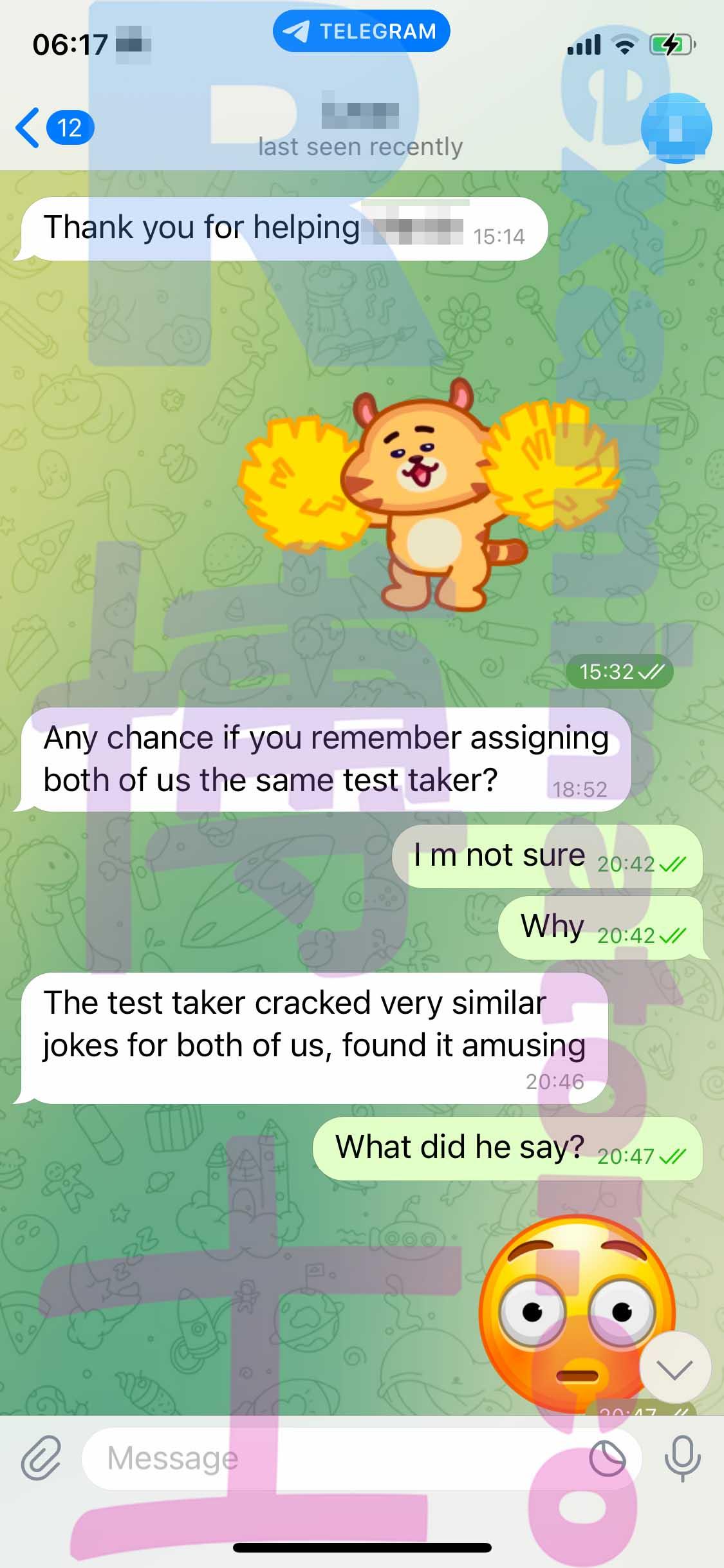 screenshot of chat logs for GRE Cheating success story #411