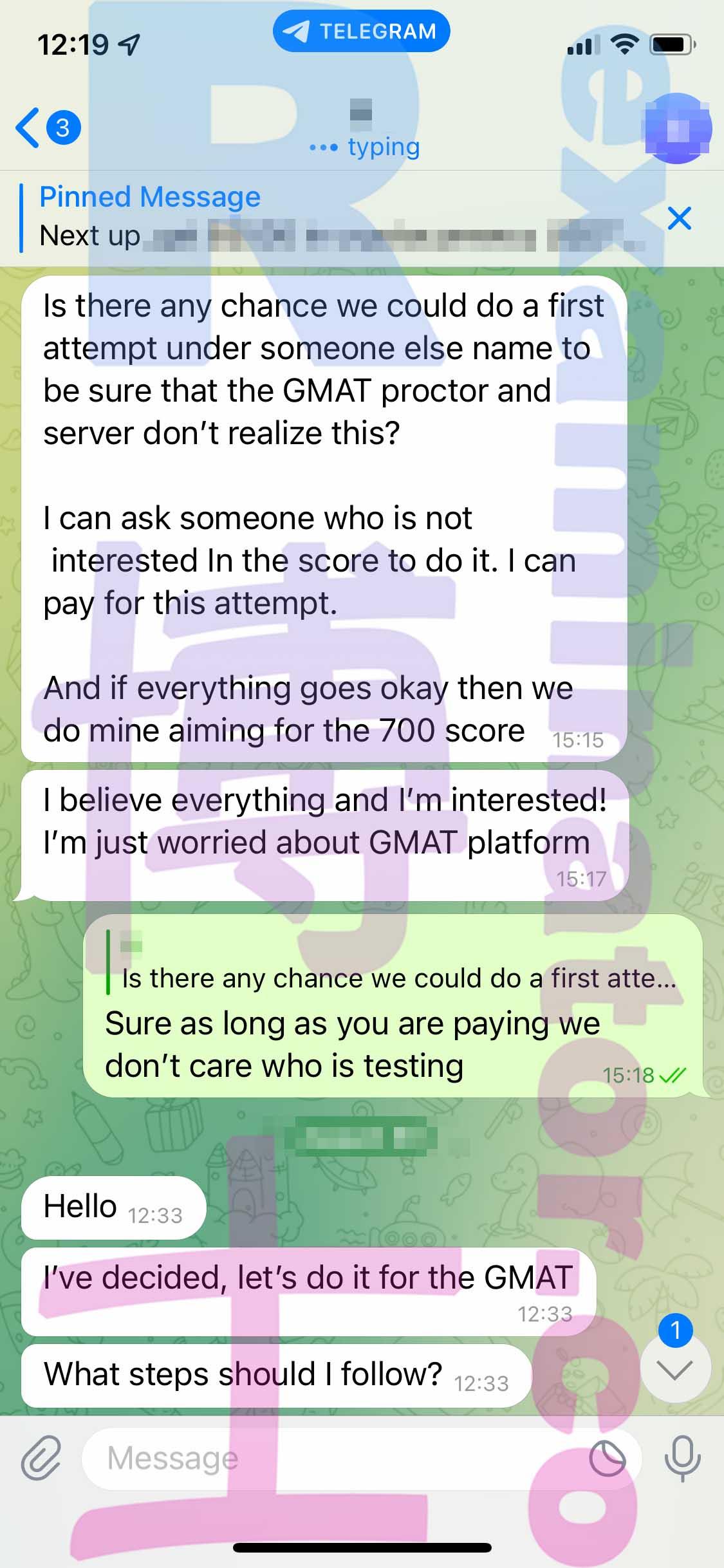 screenshot of chat logs for [GMAT Cheating] success story #269