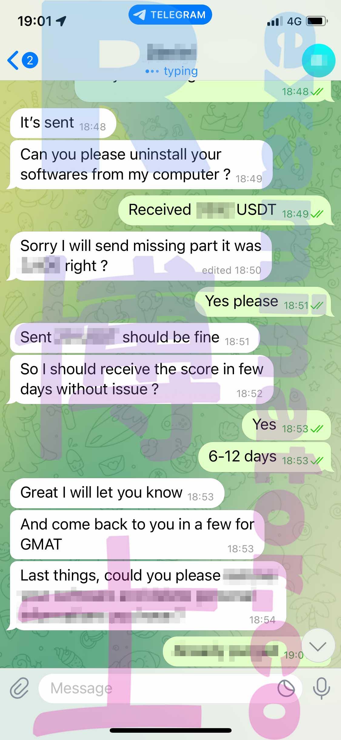 screenshot of chat logs for TOEFL Cheating success story #421