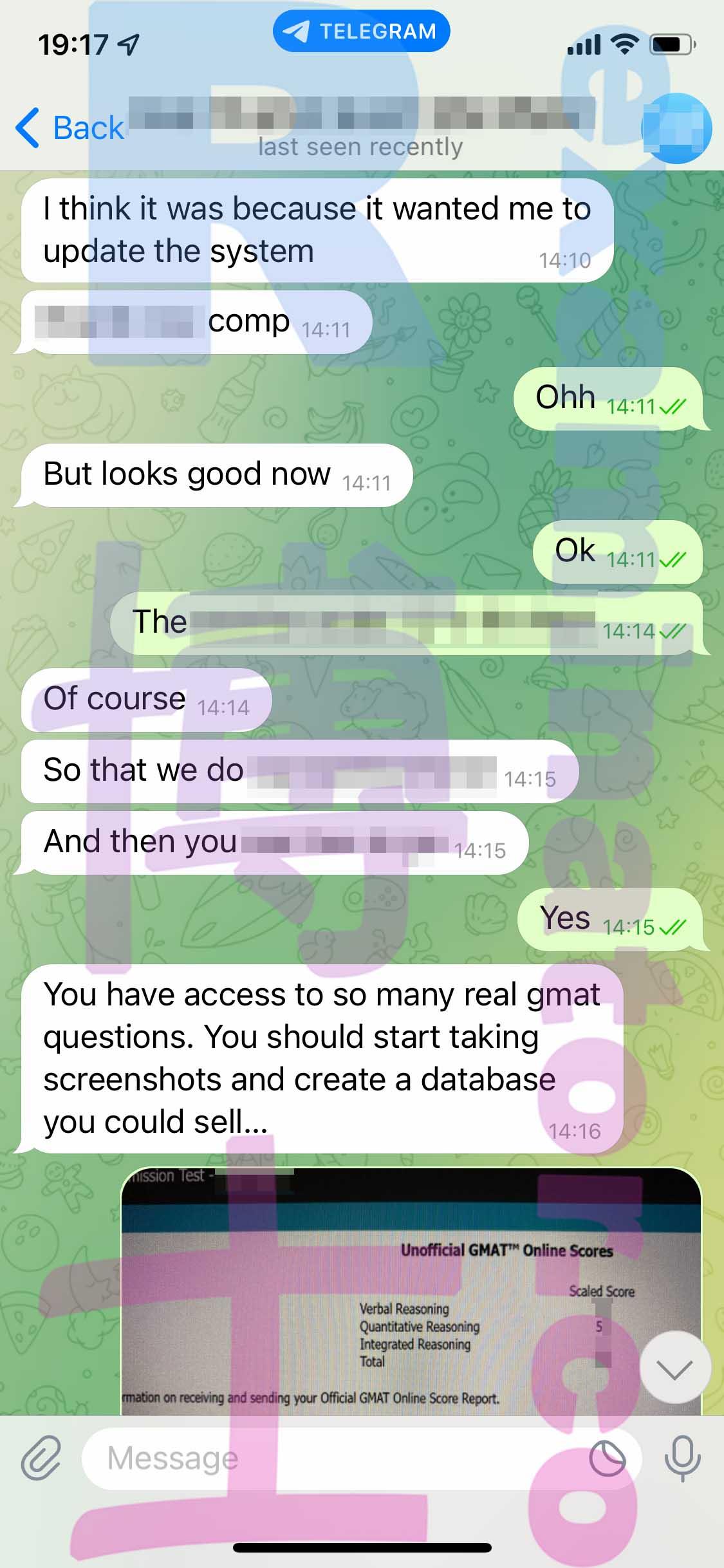 screenshot of chat logs for GMAT Cheating success story #374