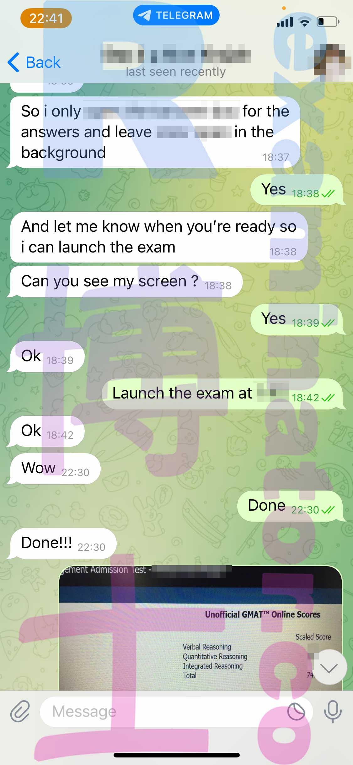 screenshot of chat logs for GMAT Cheating success story #393