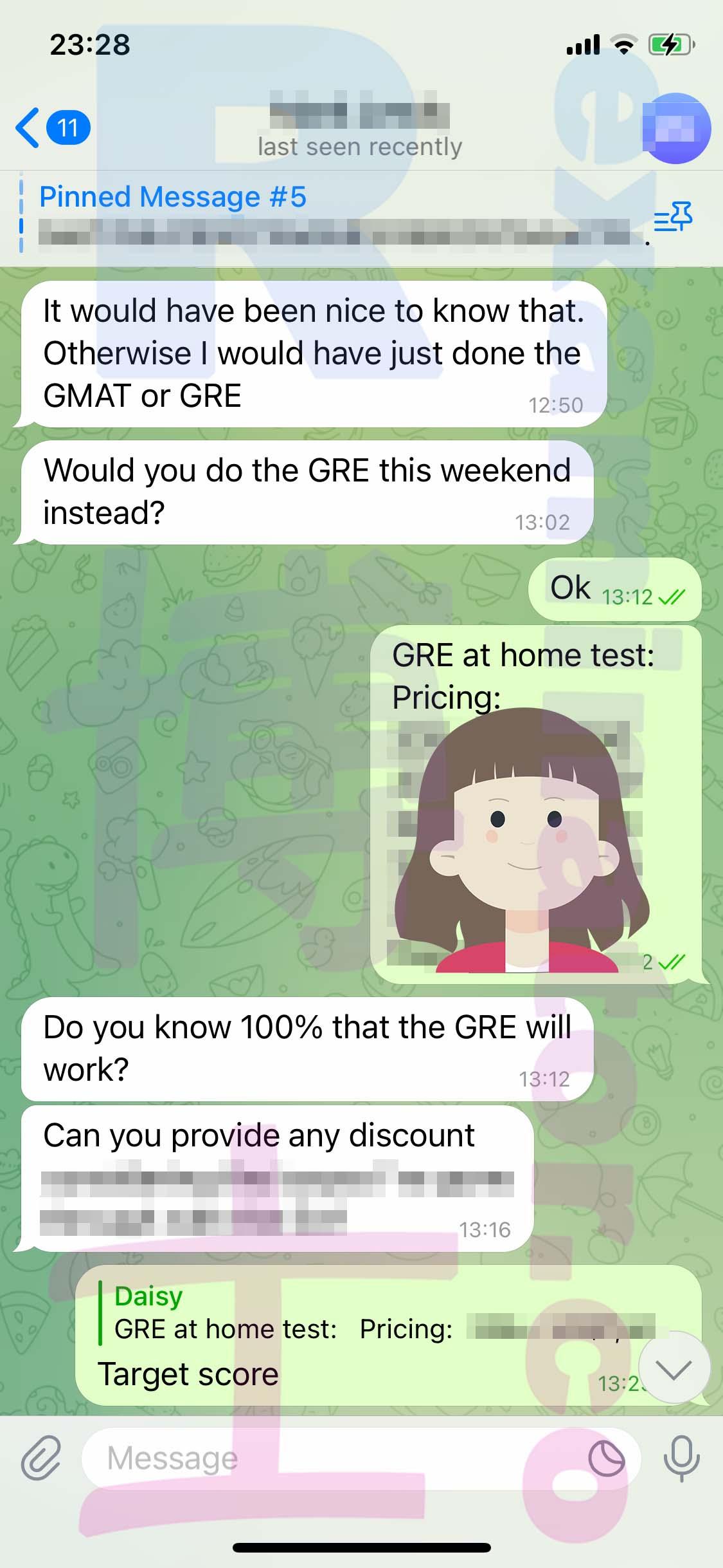 screenshot of chat logs for [GRE Cheating] success story #304