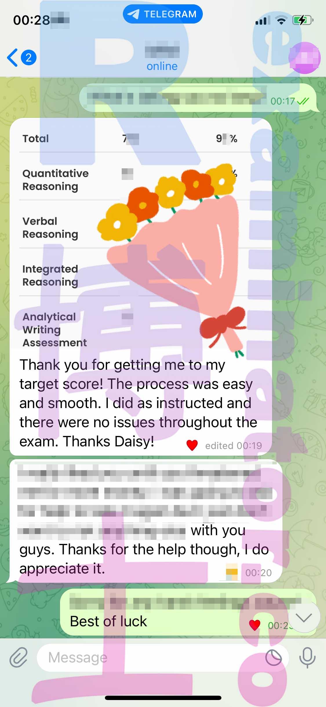 screenshot of chat logs for GMAT Cheating success story #377