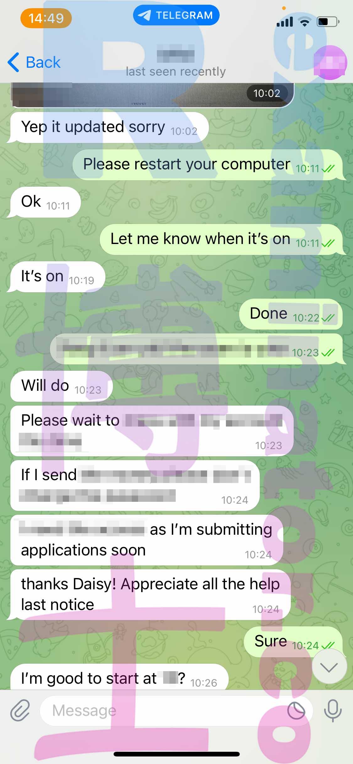 screenshot of chat logs for GMAT Cheating success story #402