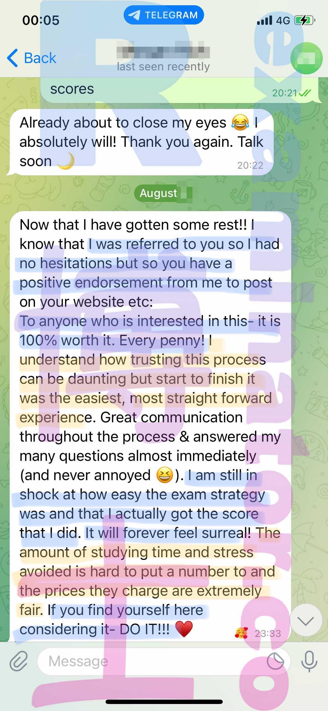 screenshot of chat logs for GRE Cheating success story #359