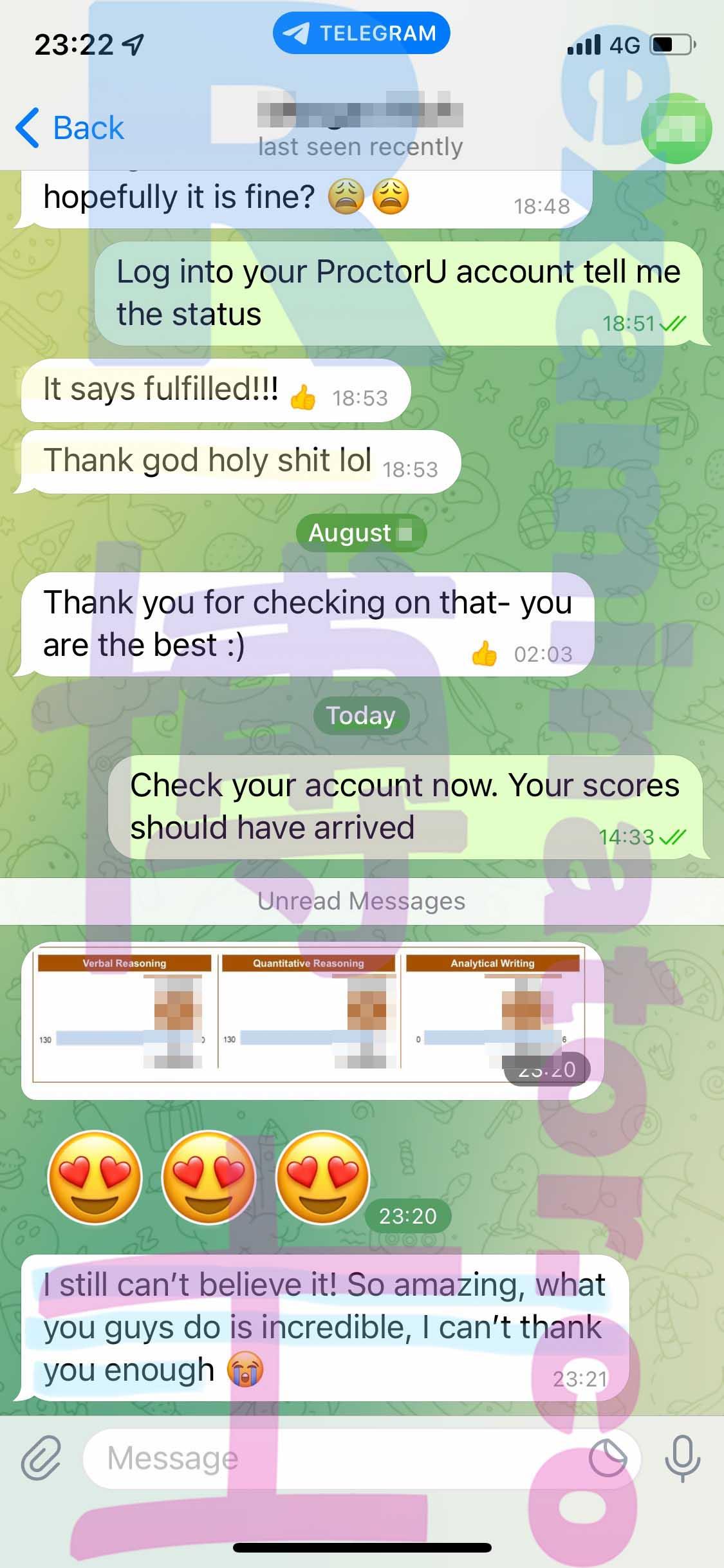 screenshot of chat logs for GRE Cheating success story #364