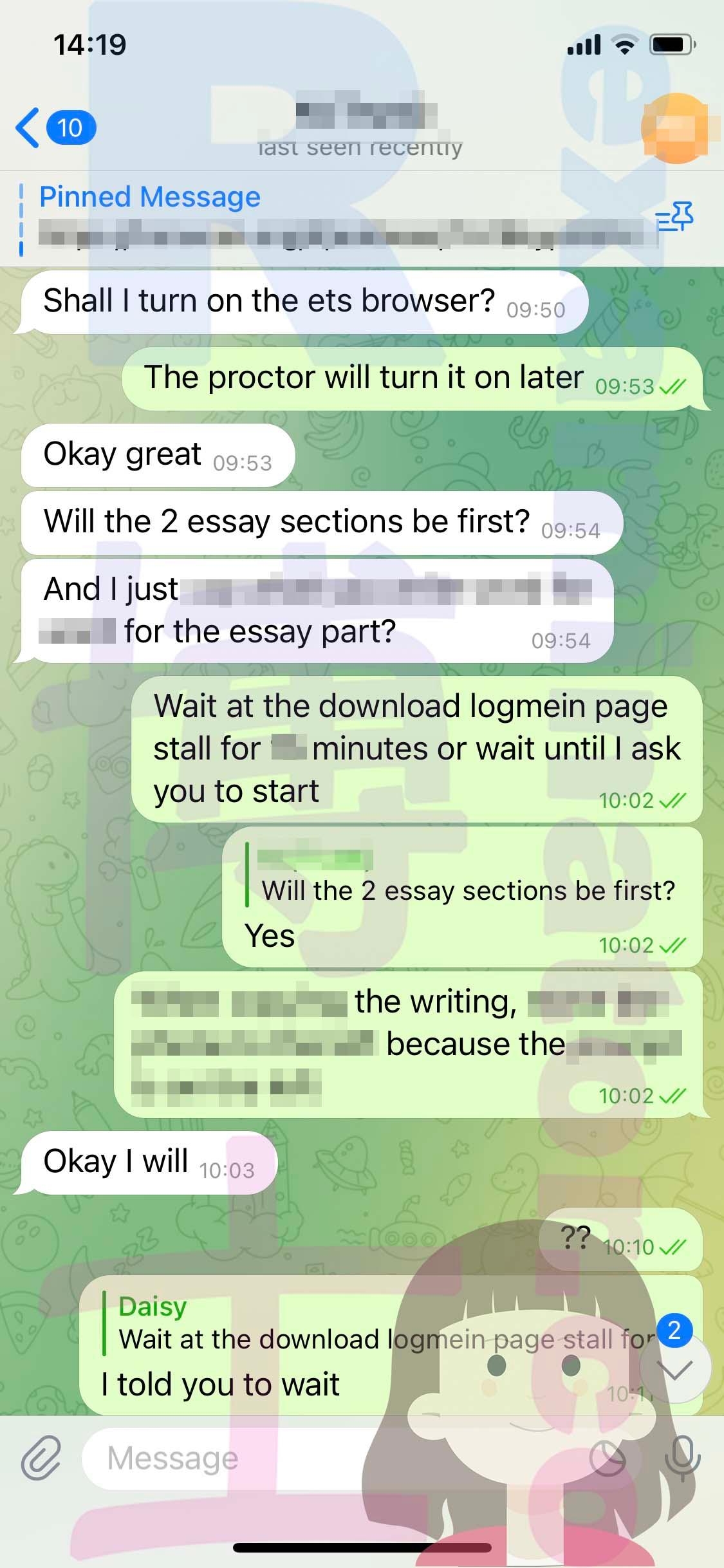 screenshot of chat logs for GRE Cheating success story #516