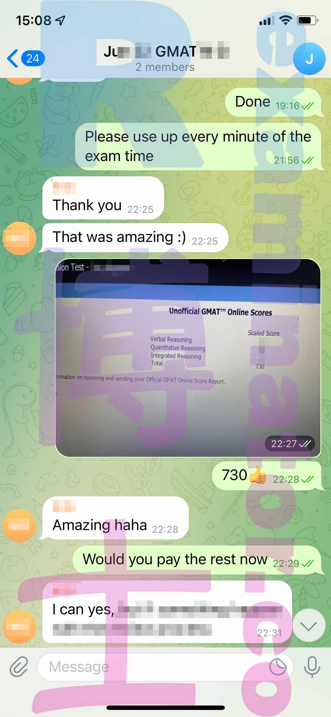 screenshot of chat logs for GMAT Cheating success story #347