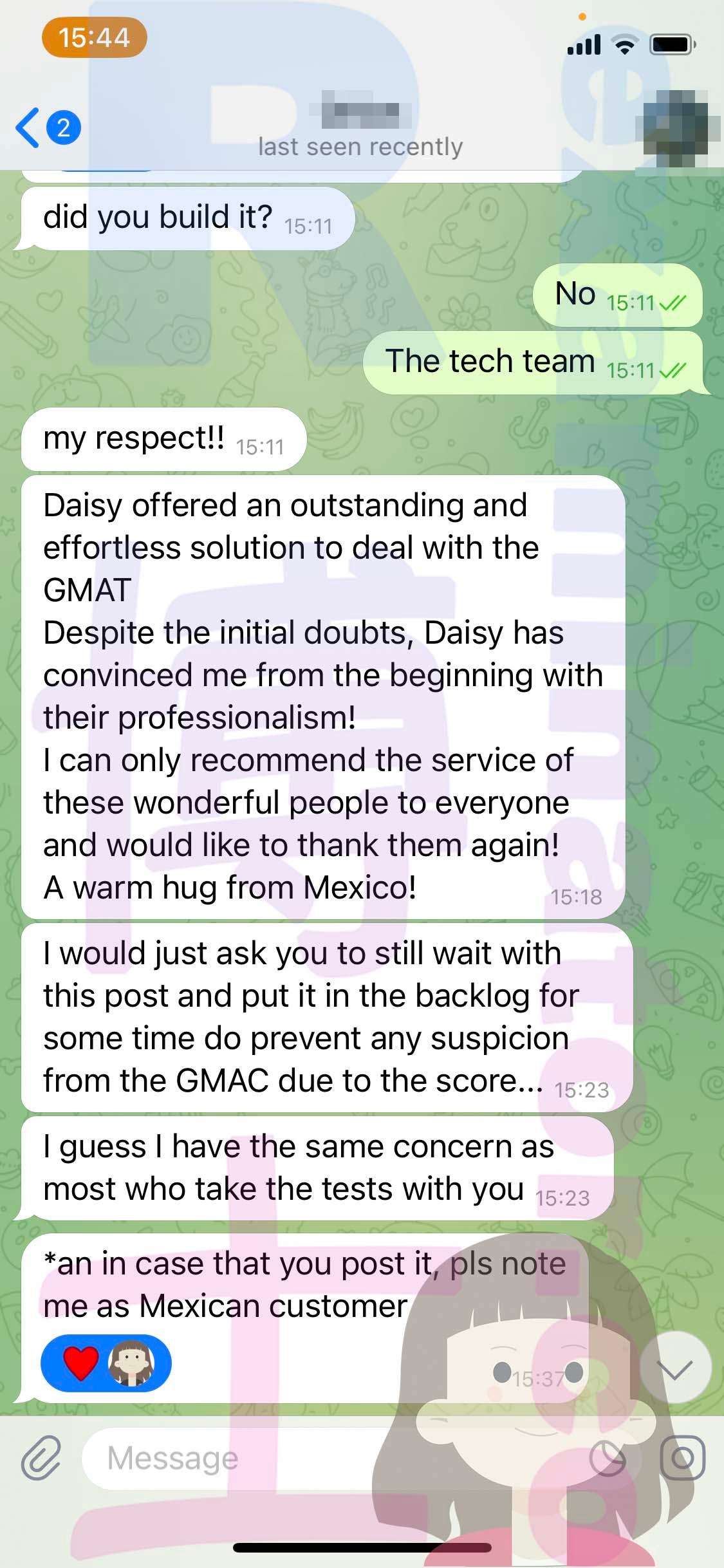 screenshot of chat logs for GMAT Cheating success story #515
