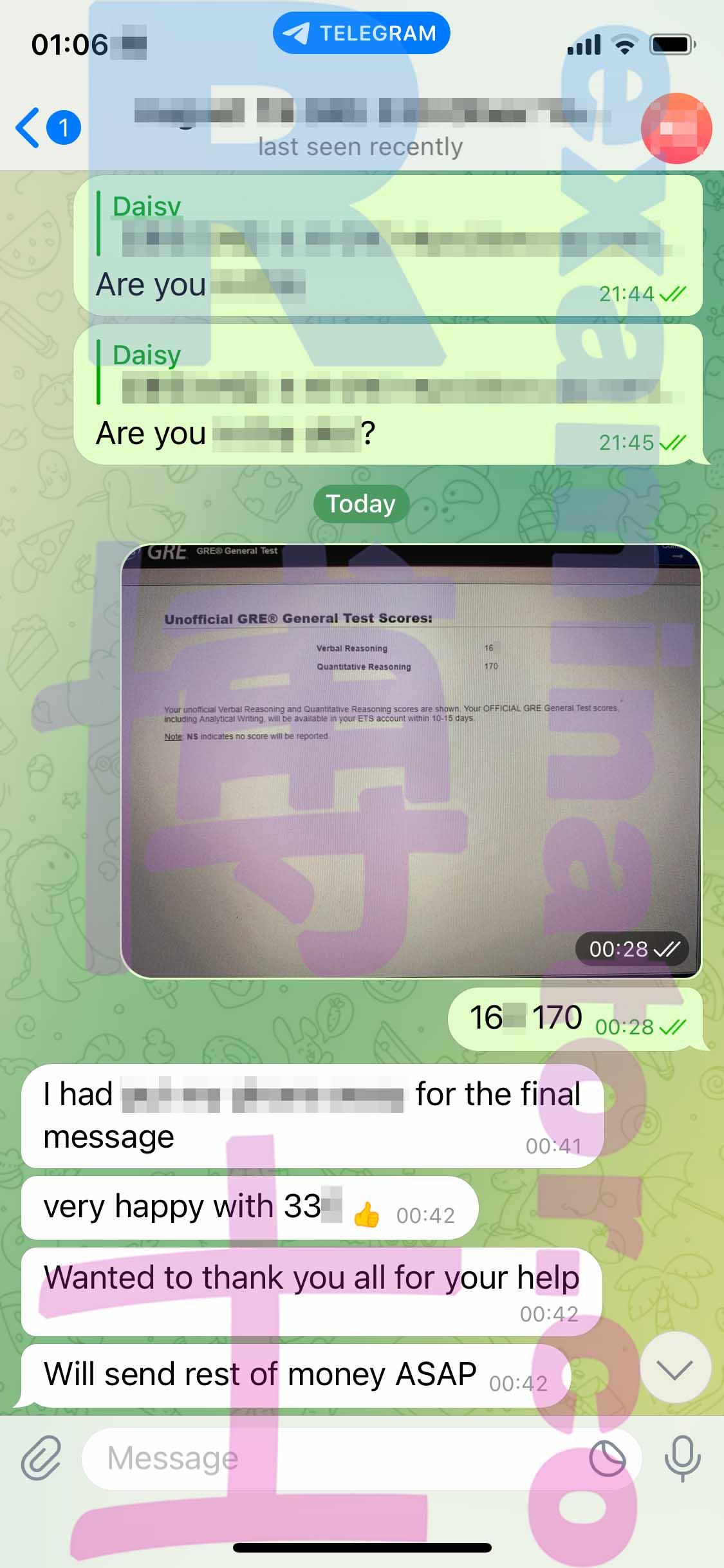 screenshot of chat logs for GRE Cheating success story #379