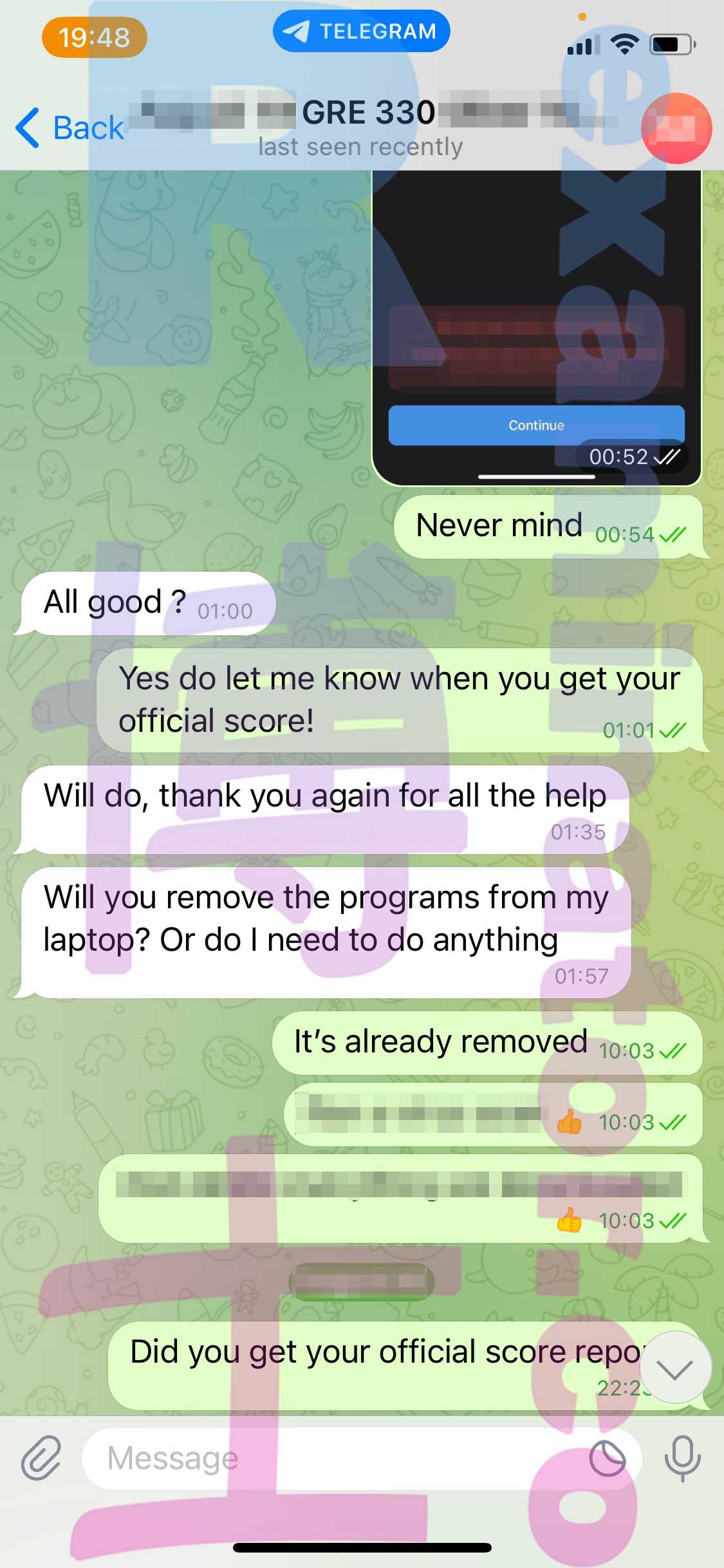 screenshot of chat logs for GRE Cheating success story #383
