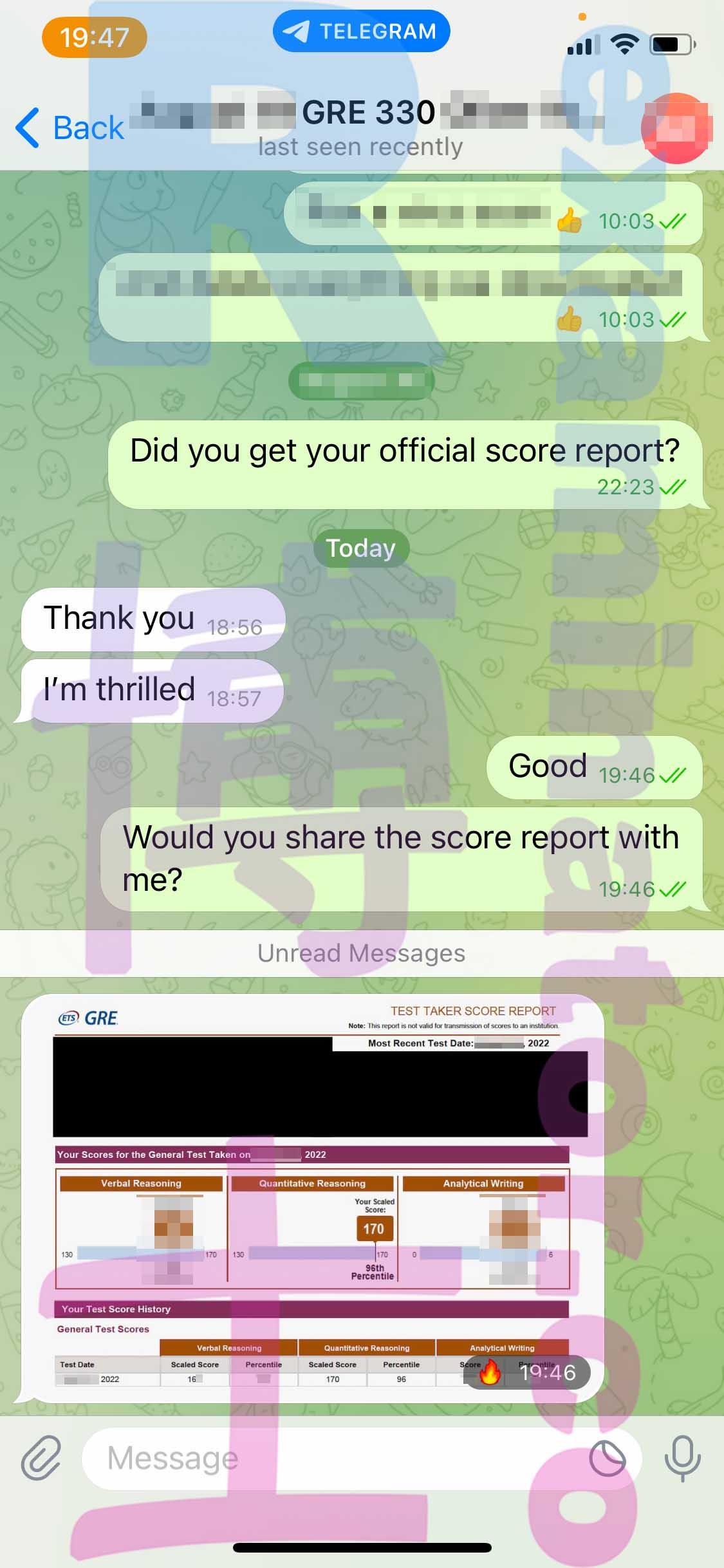 screenshot of chat logs for GRE Cheating success story #383