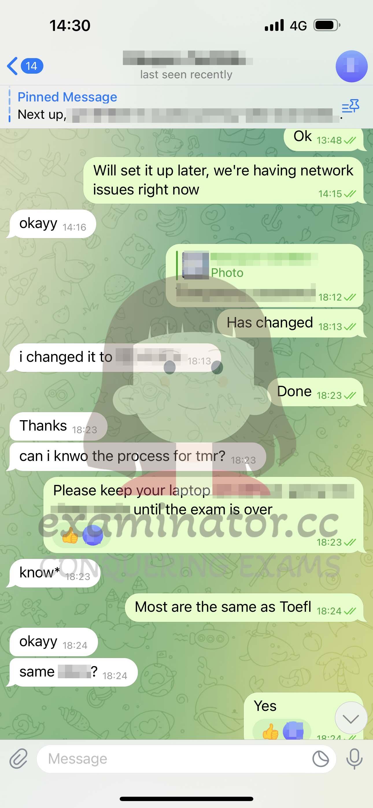 screenshot of chat logs for GRE Cheating success story #558
