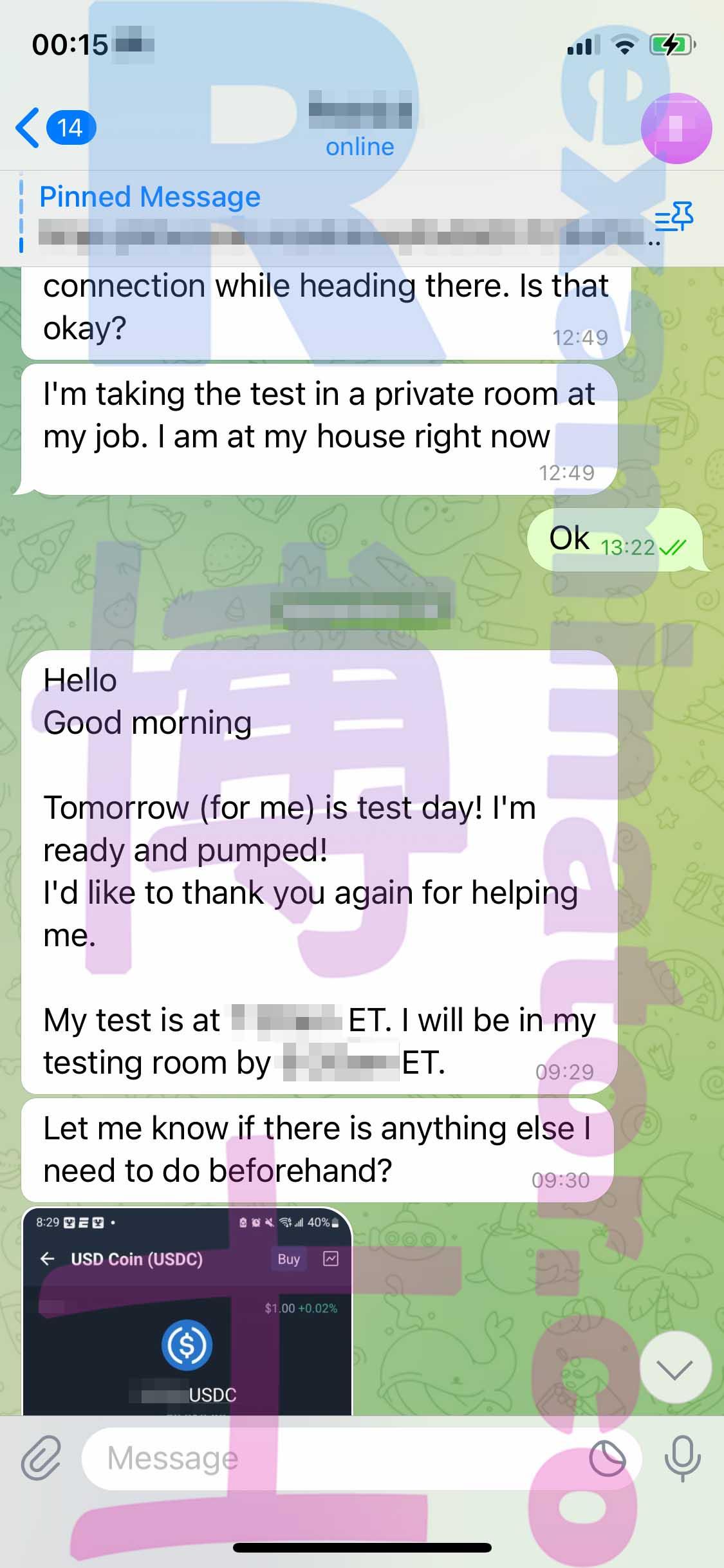 screenshot of chat logs for GRE Cheating success story #453