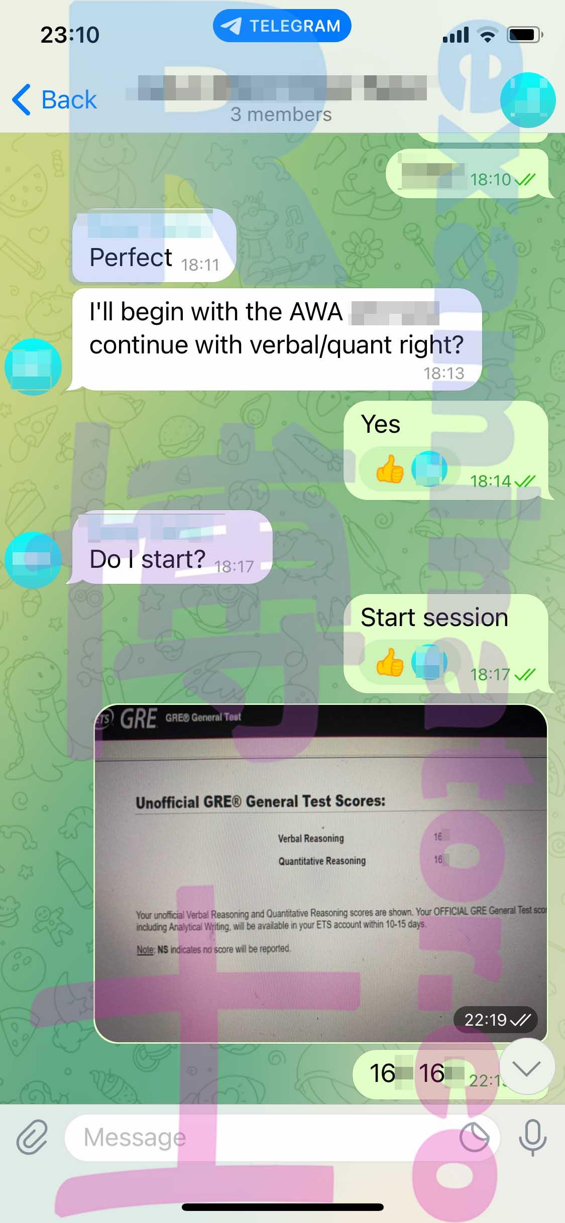 screenshot of chat logs for GRE Cheating success story #373