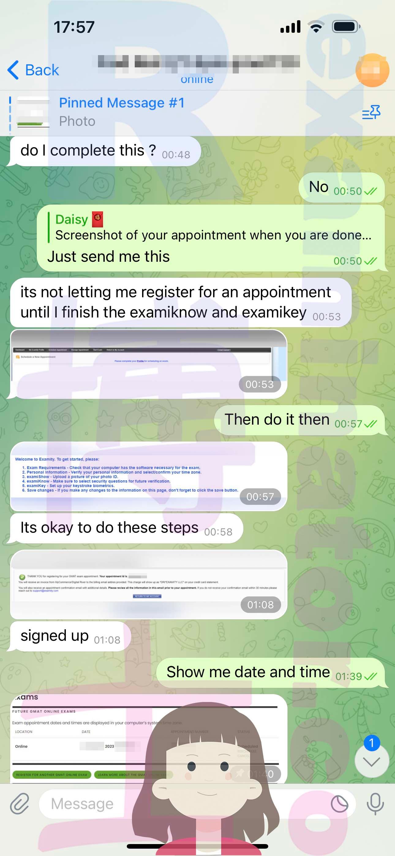 screenshot of chat logs for [GMAT Cheating] success story #338