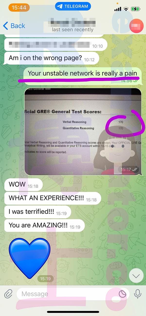screenshot of chat logs for GRE Cheating success story #472
