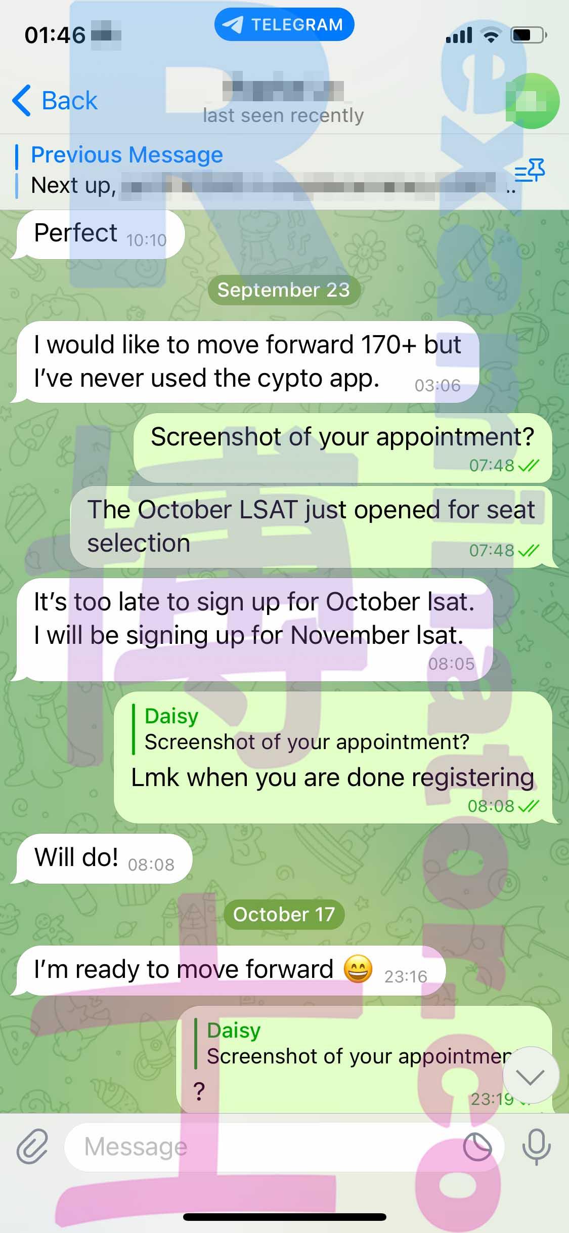 screenshot of chat logs for LSAT Cheating success story #423