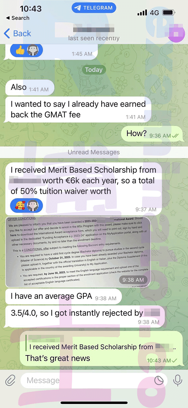 screenshot of chat logs for [GMAT Cheating] success story #290