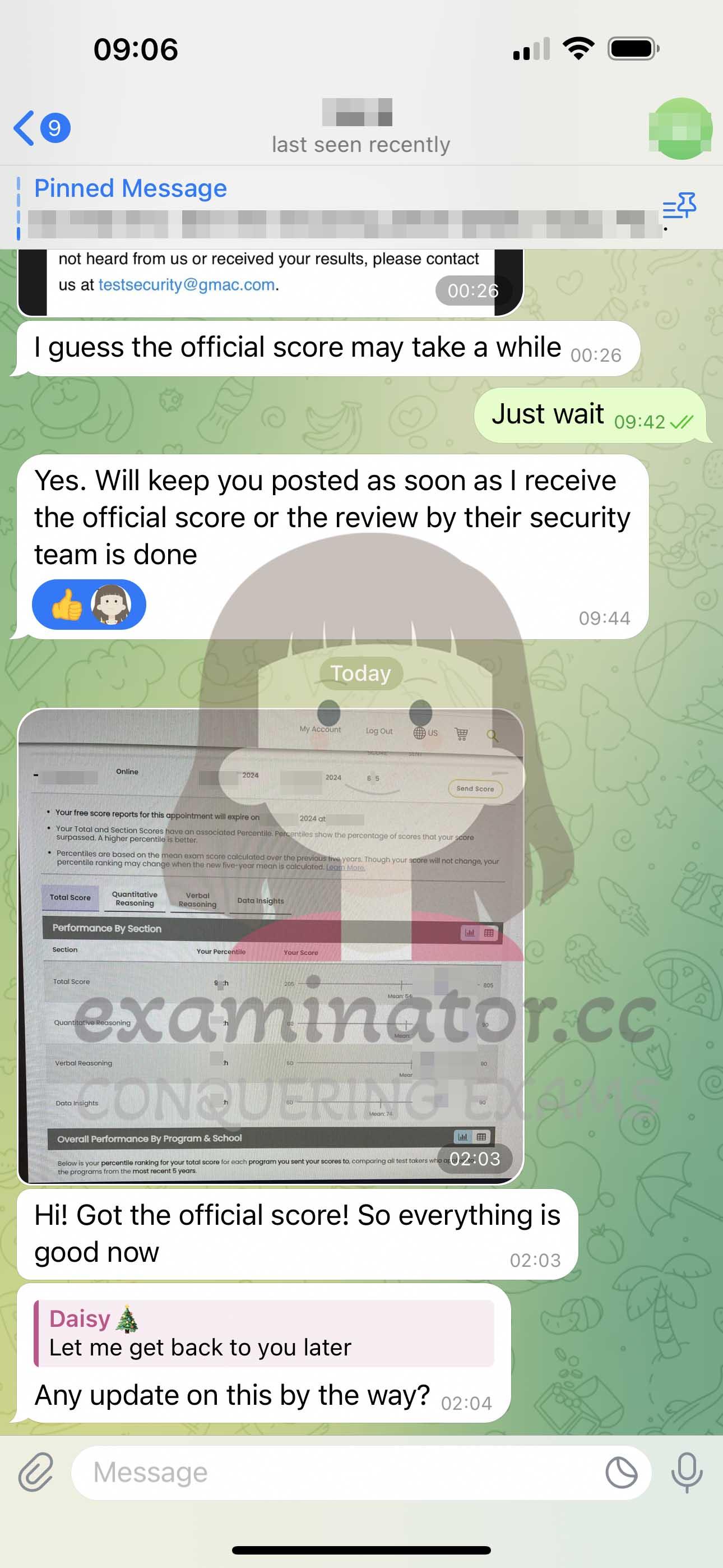 screenshot of chat logs for GMAT Cheating success story #617
