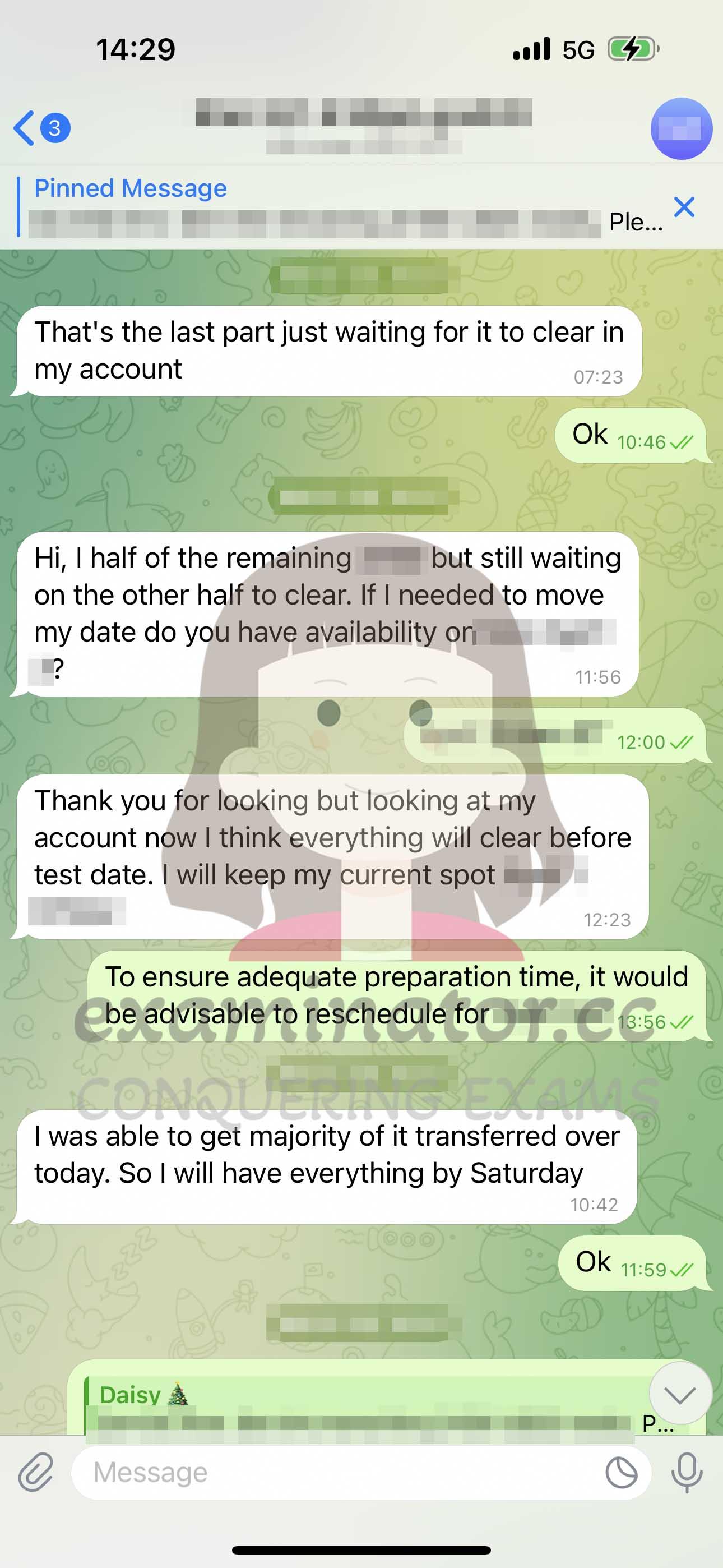 screenshot of chat logs for GRE Cheating success story #609